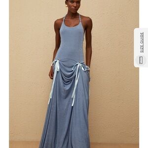 Elegant Blue Bowknot Velvet Maxi Dress